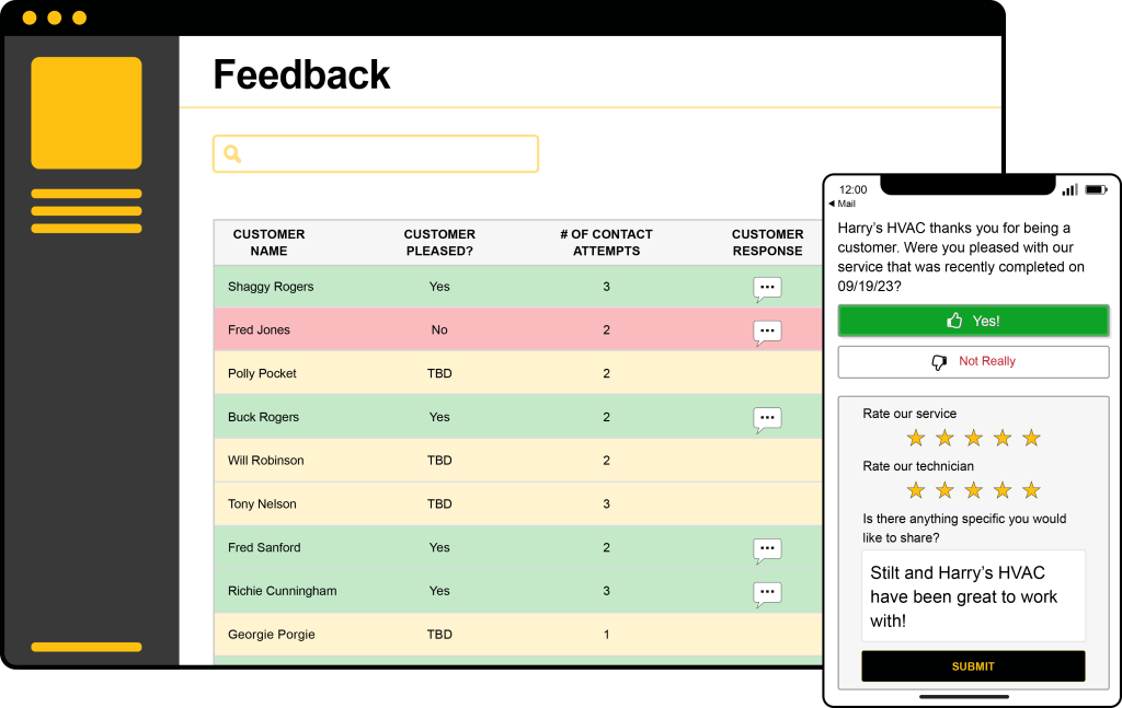 Mobile and desktop views of Stilt's customer relationship management feature, showing a feedback form.