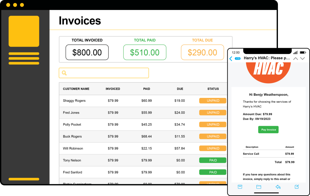 Mobile and desktop views of Stilt's billing and invoicing feature.