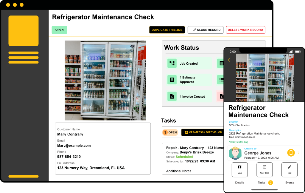 Mobile and desktop views of Stilt's Work Order Management feature, showing a scheduled maintenance check on a refrigerator at a store.