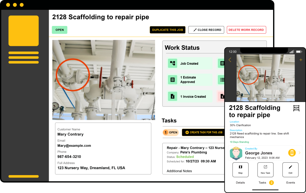 Mobile and desktop views of Stilt's Work Order Management feature, showing a callout to install scaffolding to mend a pipe at an industrial facility.