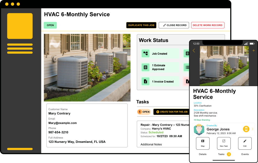 Mobile and desktop views of Stilt's Work Order Management feature, showing a scheduled service for an HVAC unit at a residential address.