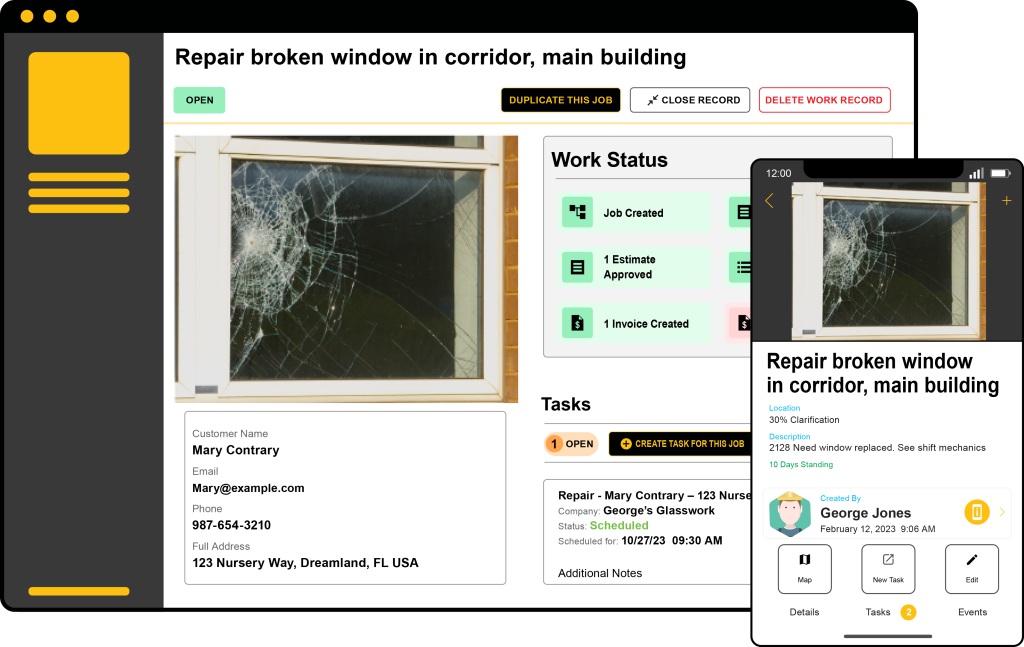 Mobile and desktop views of Stilt's Work Order Management feature, showing a callout for a broken window at a school.