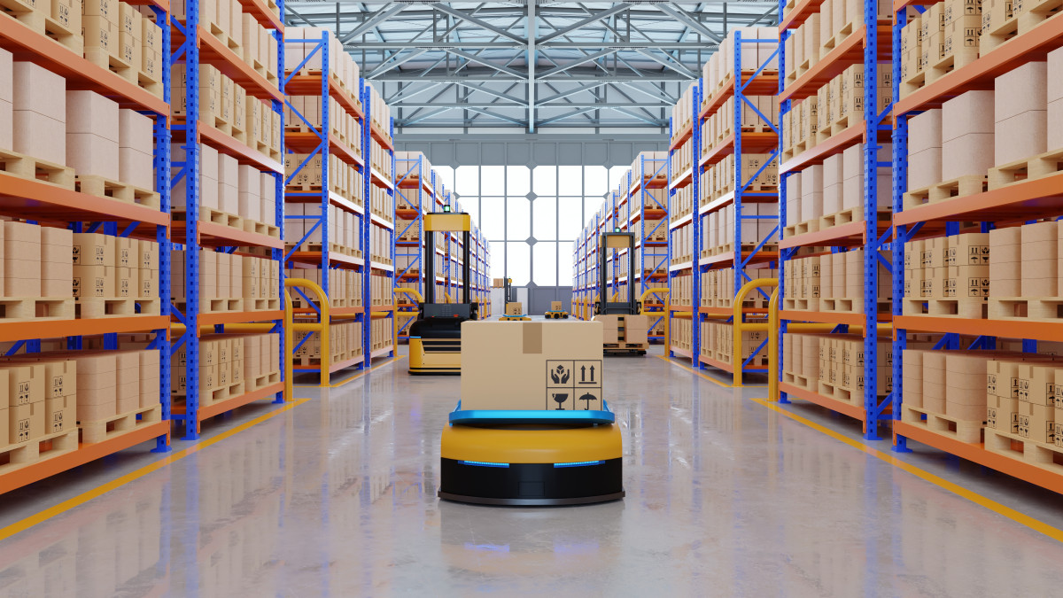 Package in a warehouse, being moved by a robot