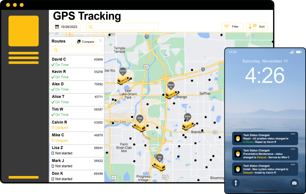 Mobile and desktop views of Stilt's GPS tracking feature: Monitor and track technician location with real-time updates on movements.