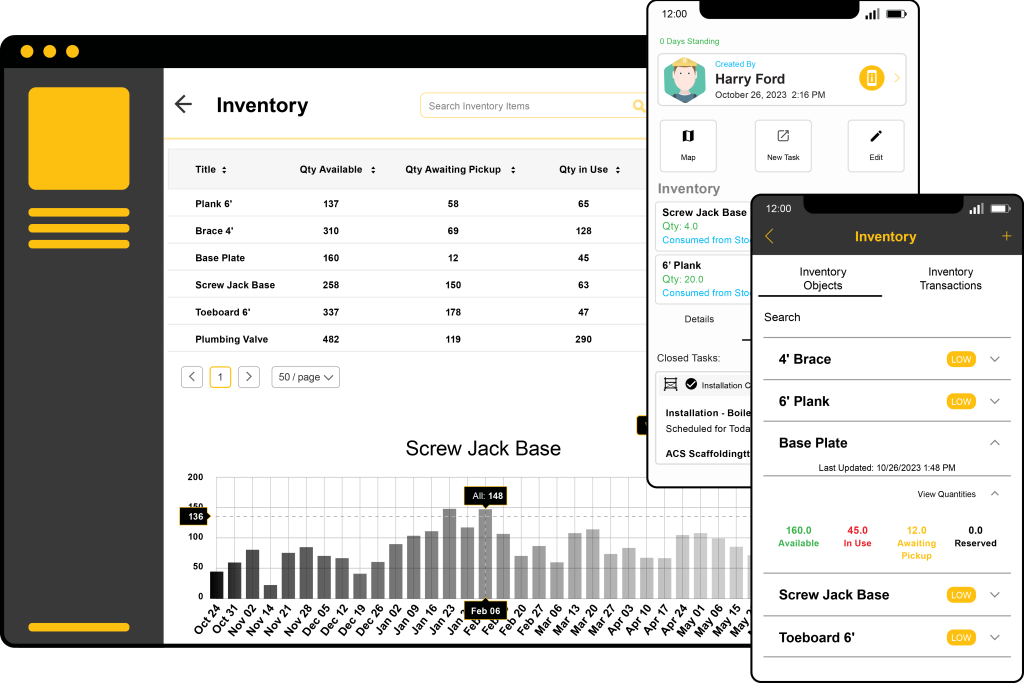 Mobile and desktop views of Stilt's inventory management feature: Track supply levels, location, usage, and more.