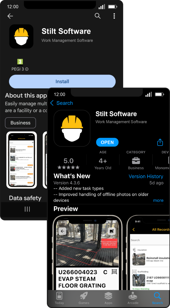 Mobile views of the Stilt app: Access to a native mobile app enables all software features on the go, giving technicians the flexibility to update task details on or offline.