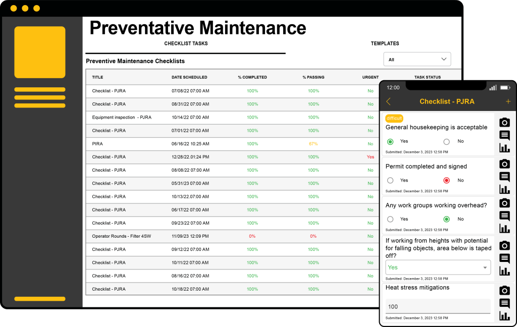 Mobile and desktop views of Stilt's preventative maintenance feature: Schedule routine checks, calibration, and regular parts replacements.