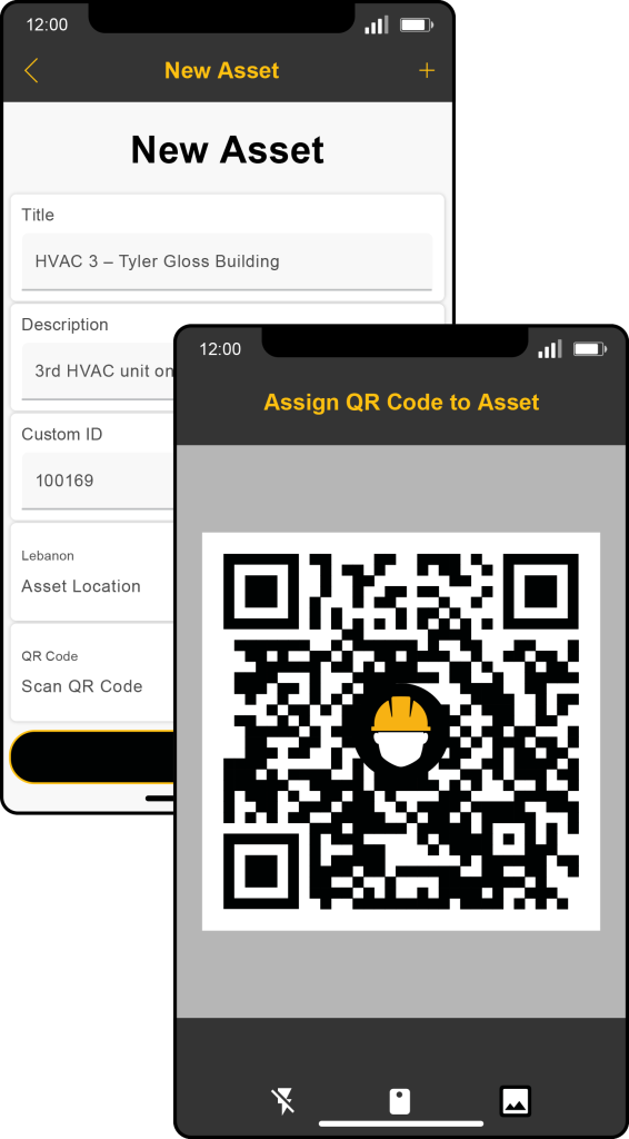 Mobile views of Stilt's QR coding feature: Scan unique QR codes to update work order details, access asset location and work history, warranties, user-manuals, inventories, and more.