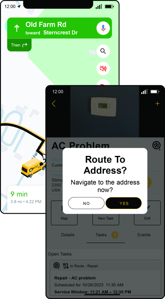 Mobile views of Stilt's routing feature: Traffic updates and navigation assistance help technicians optimize their route.