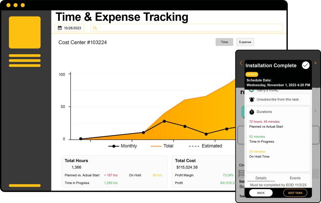 Mobile and desktop views of Stilt's Time and Expense Tracking feature, showing a chart with total hours and total cost versus estimations, plus task duration tracking.