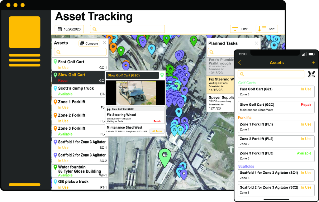 Mobile and desktop views of Stilt's Asset Tracking feature, showing the availability and status of equipment on a site.