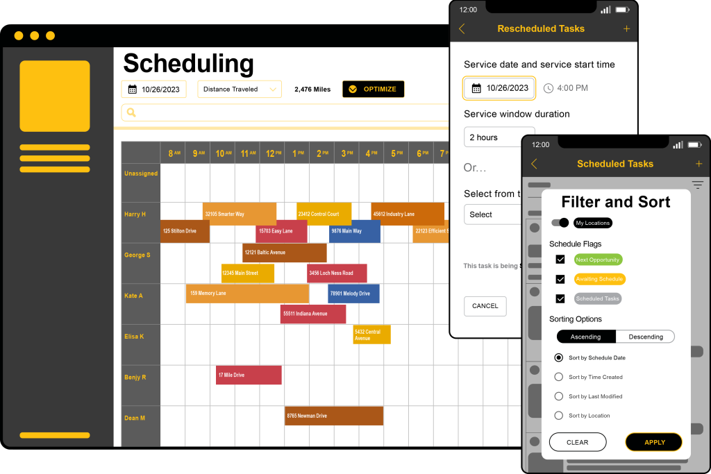 Mobile and desktop views of Stilt's scheduling features: Automatically create, manage, and track multiple technicians’ schedules, optimize resource usage and update teams.